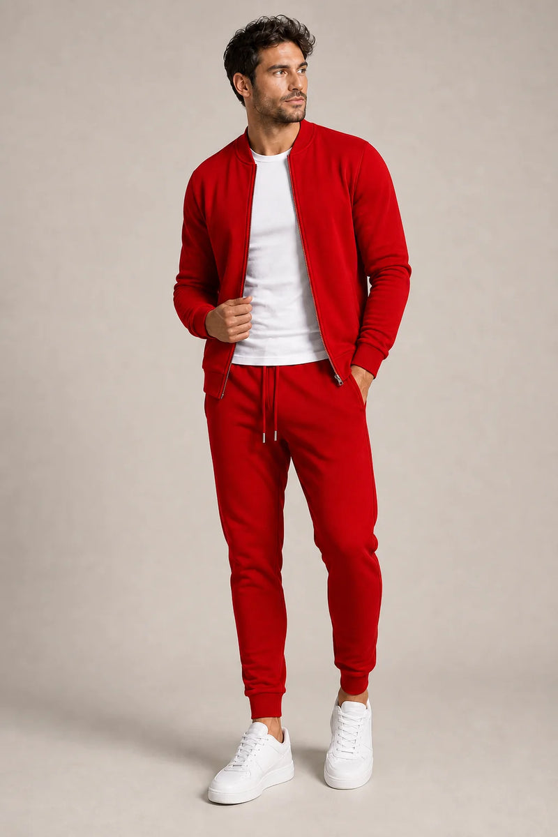 Sofaine Samuel men's two-piece full-zip tracksuit set in Red, worn front