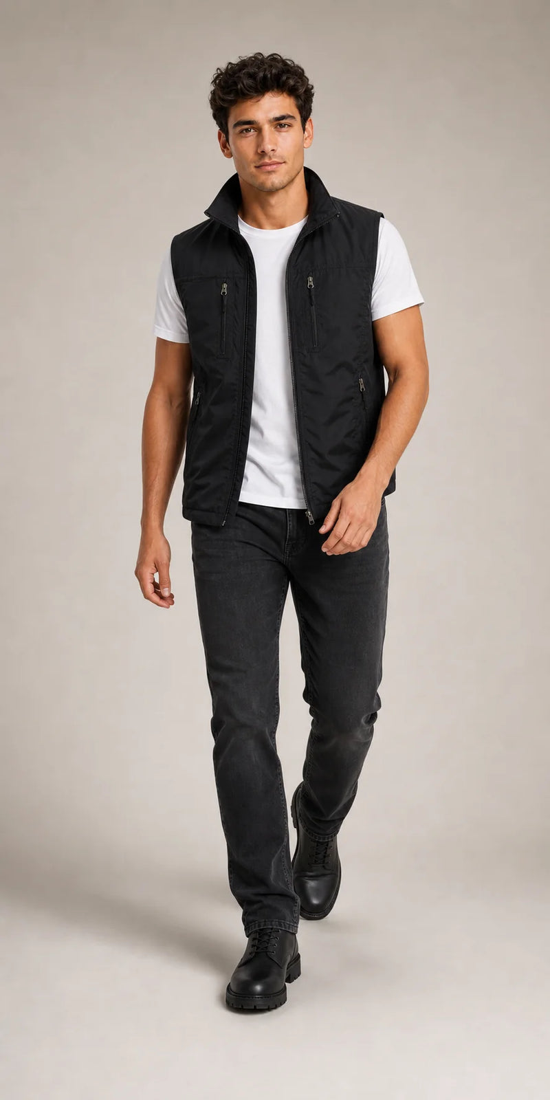 Sofaine Mason utility zip vest in Black, styled full look