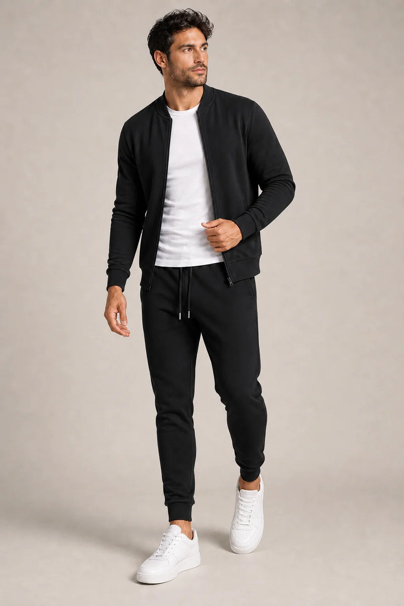 Sofaine Samuel men's two-piece full-zip tracksuit set in Black, styled full look