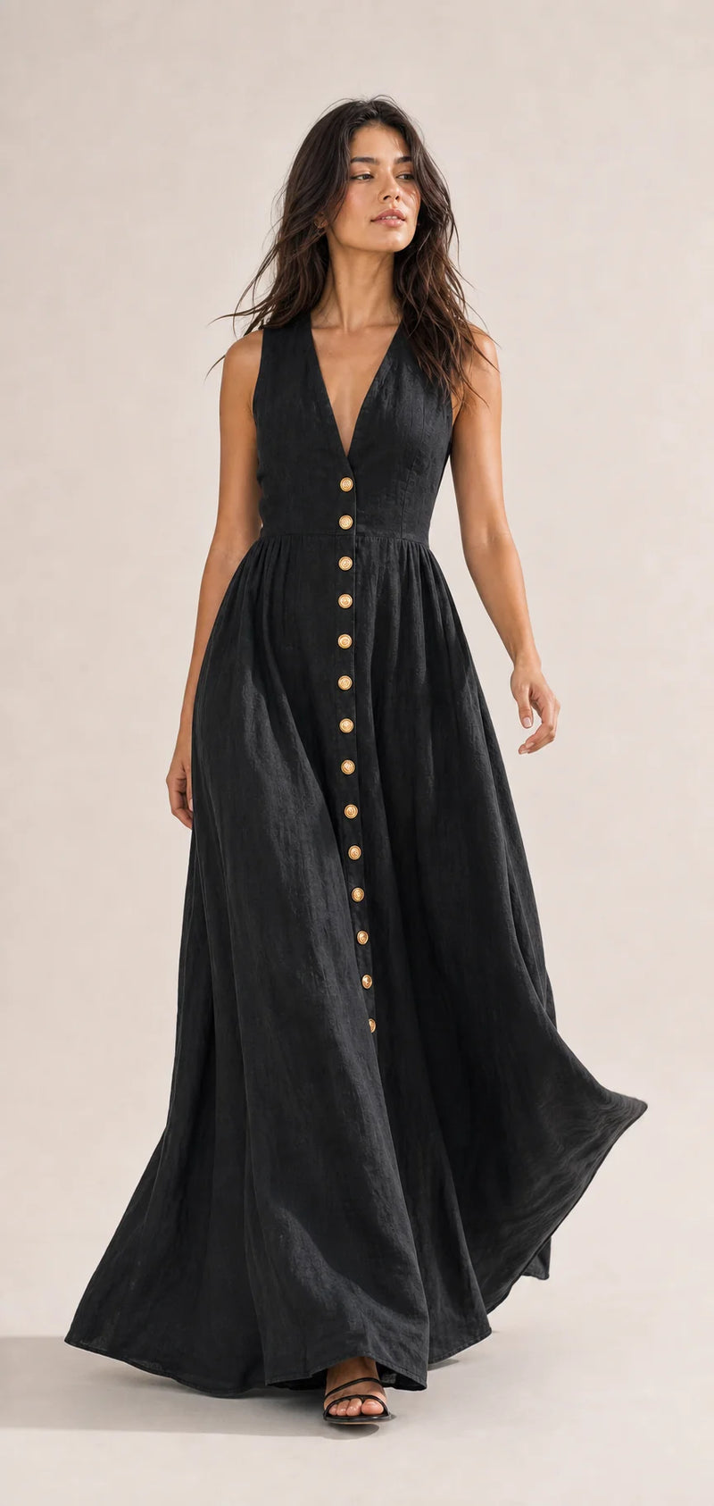 Sofaine Fiona black linen V-neck maxi dress in Black, styled full-length look