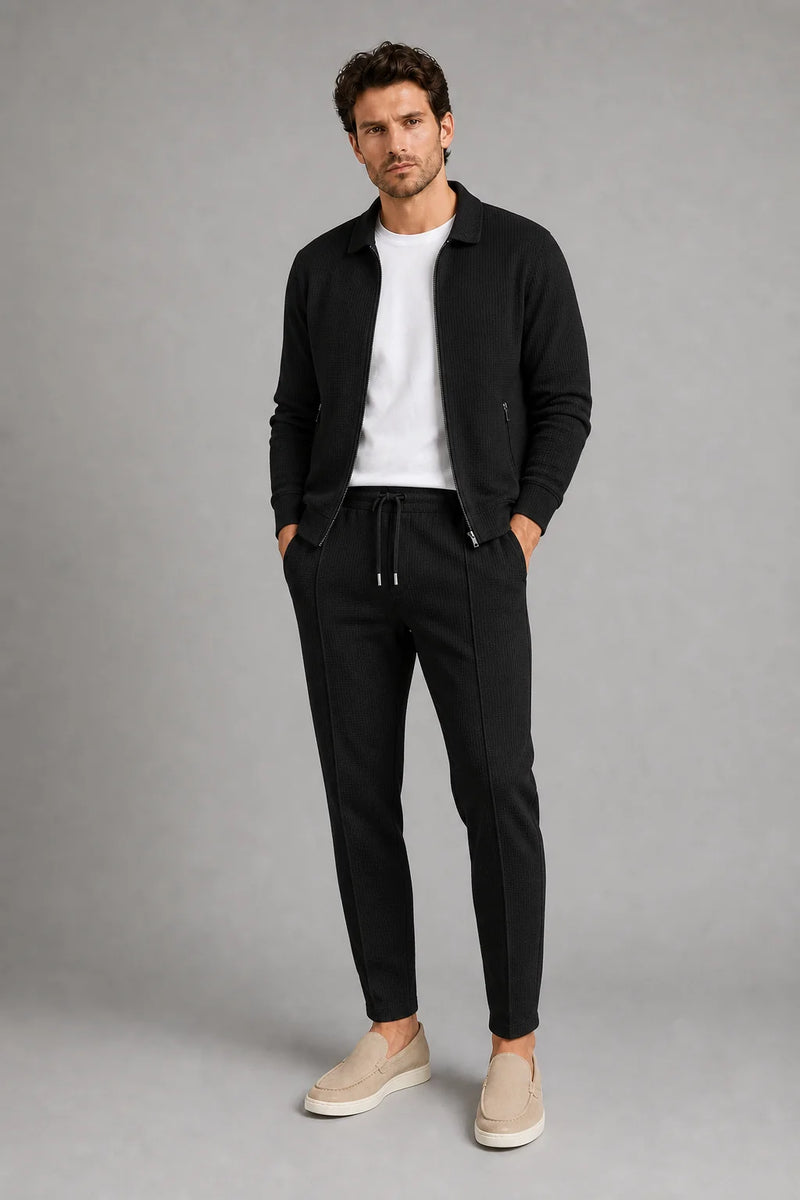 Sofaine Joseph men's two-piece zip-front knit set in Black, worn front