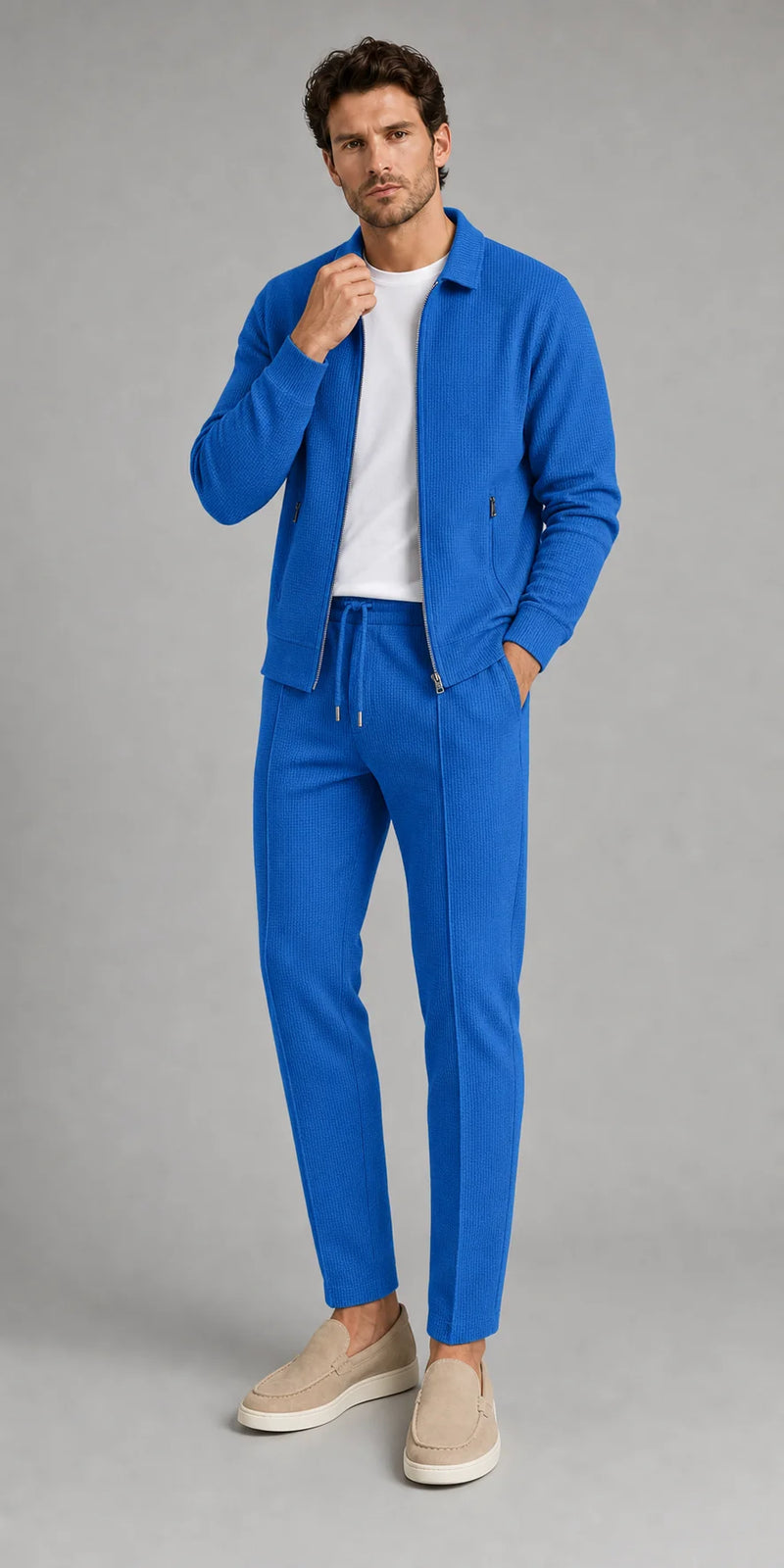 Sofaine Joseph men's two-piece zip-front knit set in Blue, worn front