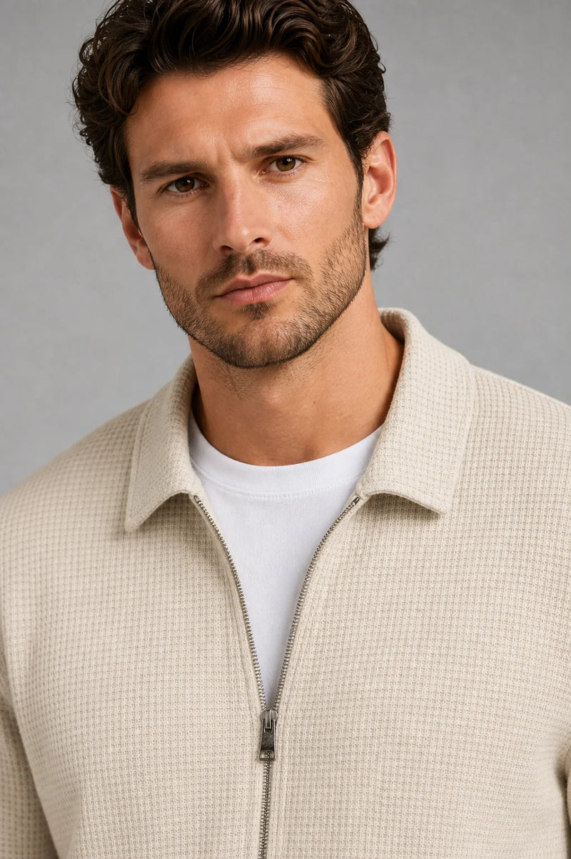 Sofaine Joseph men's two-piece zip-front knit set in Light Brown, collar and zip knit detail
