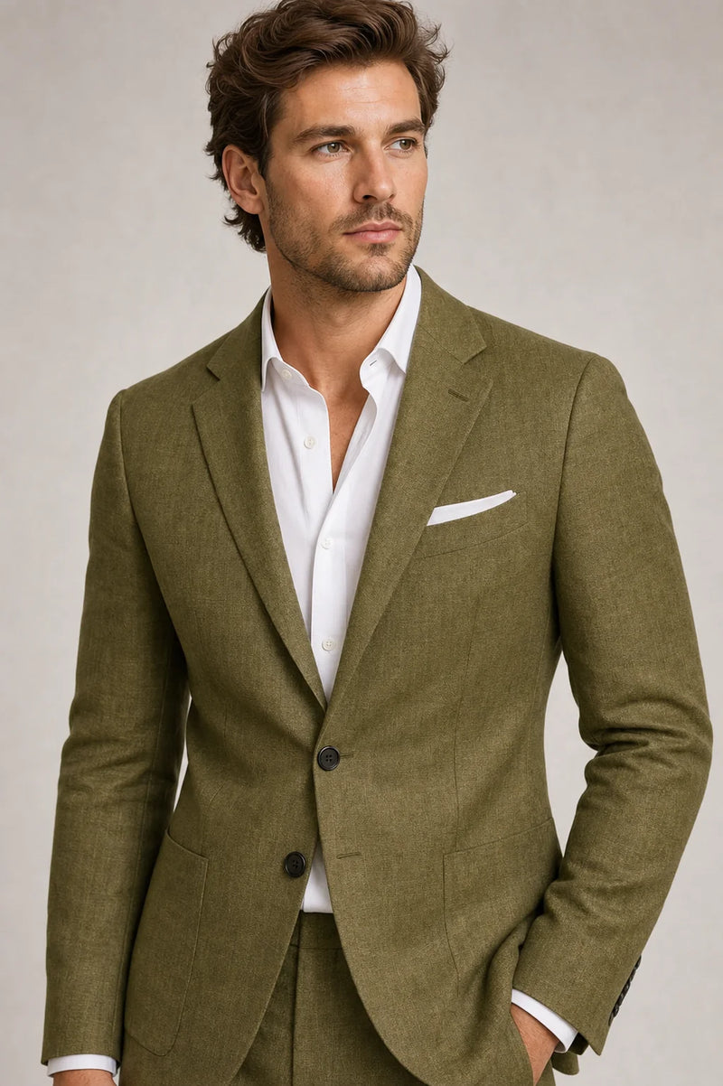 Sofaine Aiden linen two-piece suit set in Olijfgroen, lapel and pocket-square detail