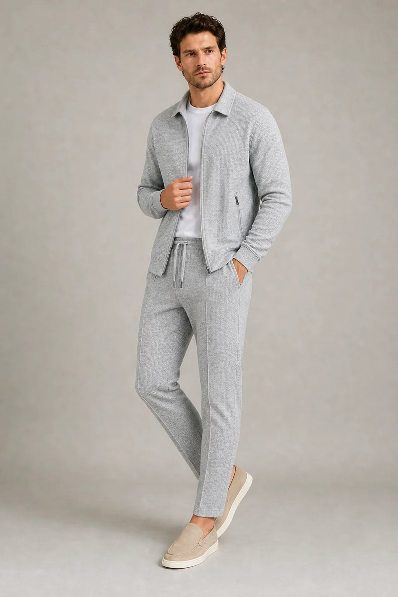 Sofaine Joseph men's two-piece zip-front knit set in Gray, worn front