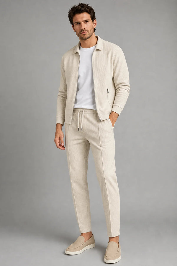 Sofaine Joseph men's two-piece zip-front knit set in Light Brown, worn front hero