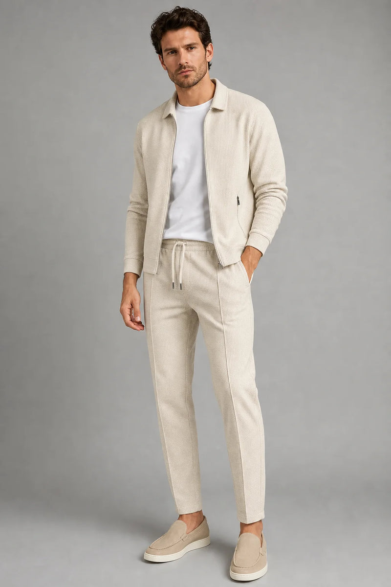 Sofaine Joseph men's two-piece zip-front knit set in Light Brown, worn front hero