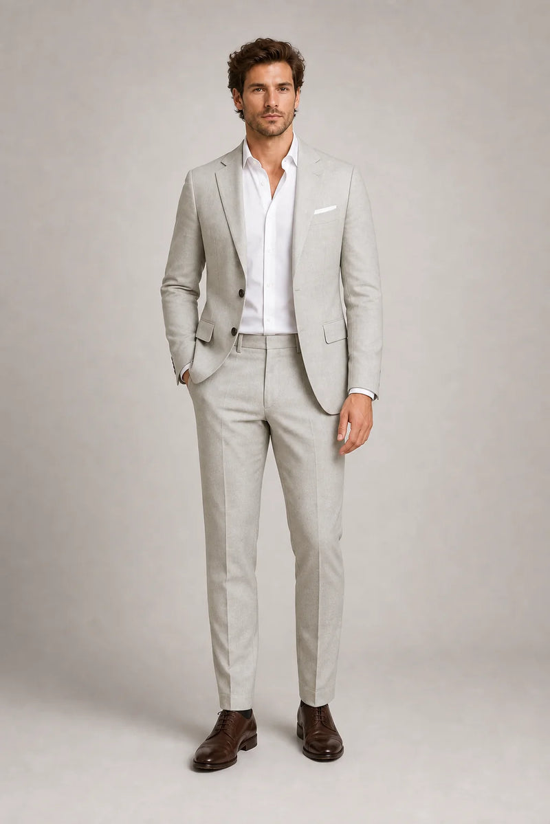 Sofaine Aiden linen two-piece suit set in Lichtgrijs, worn front