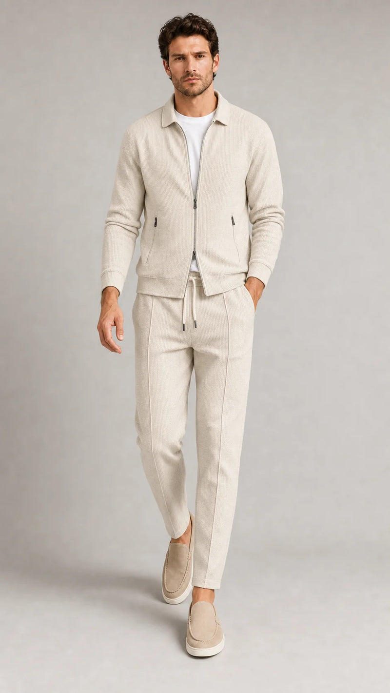 Sofaine Joseph men's two-piece zip-front knit set in Light Brown, styled full look