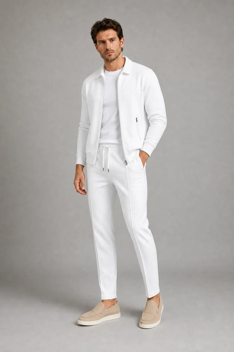 Sofaine Joseph men's two-piece zip-front knit set in White, worn front
