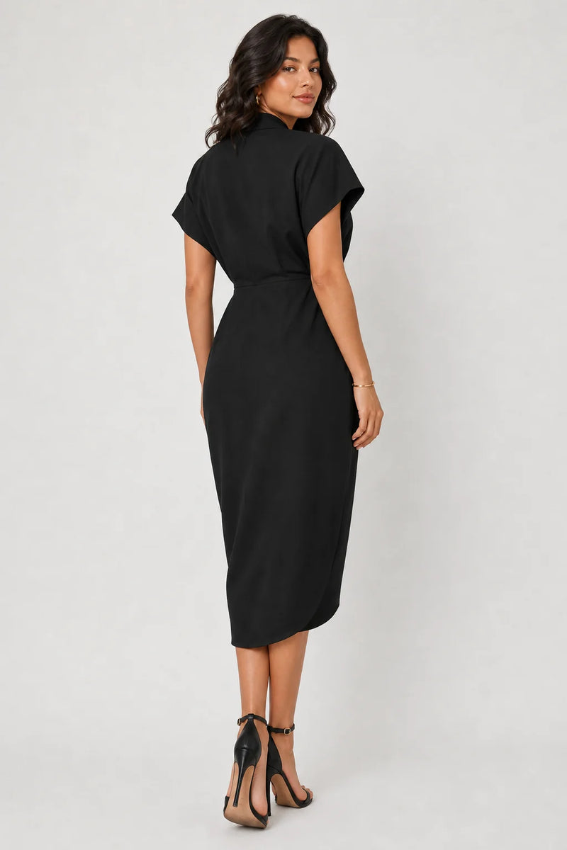 Sofaine Victoria wrap midi dress with V-neck in Black, back view worn