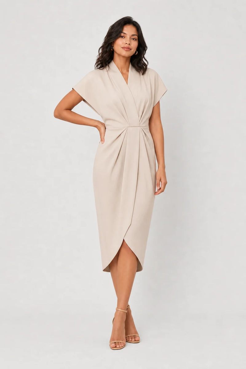 Sofaine Victoria wrap midi dress with V-neck in Beige, worn front