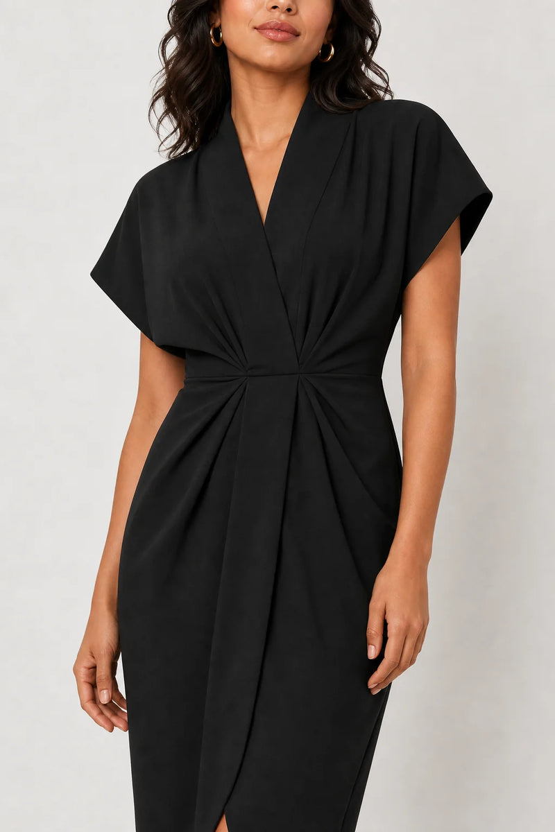 Sofaine Victoria wrap midi dress with V-neck in Black, twist-front waist detail