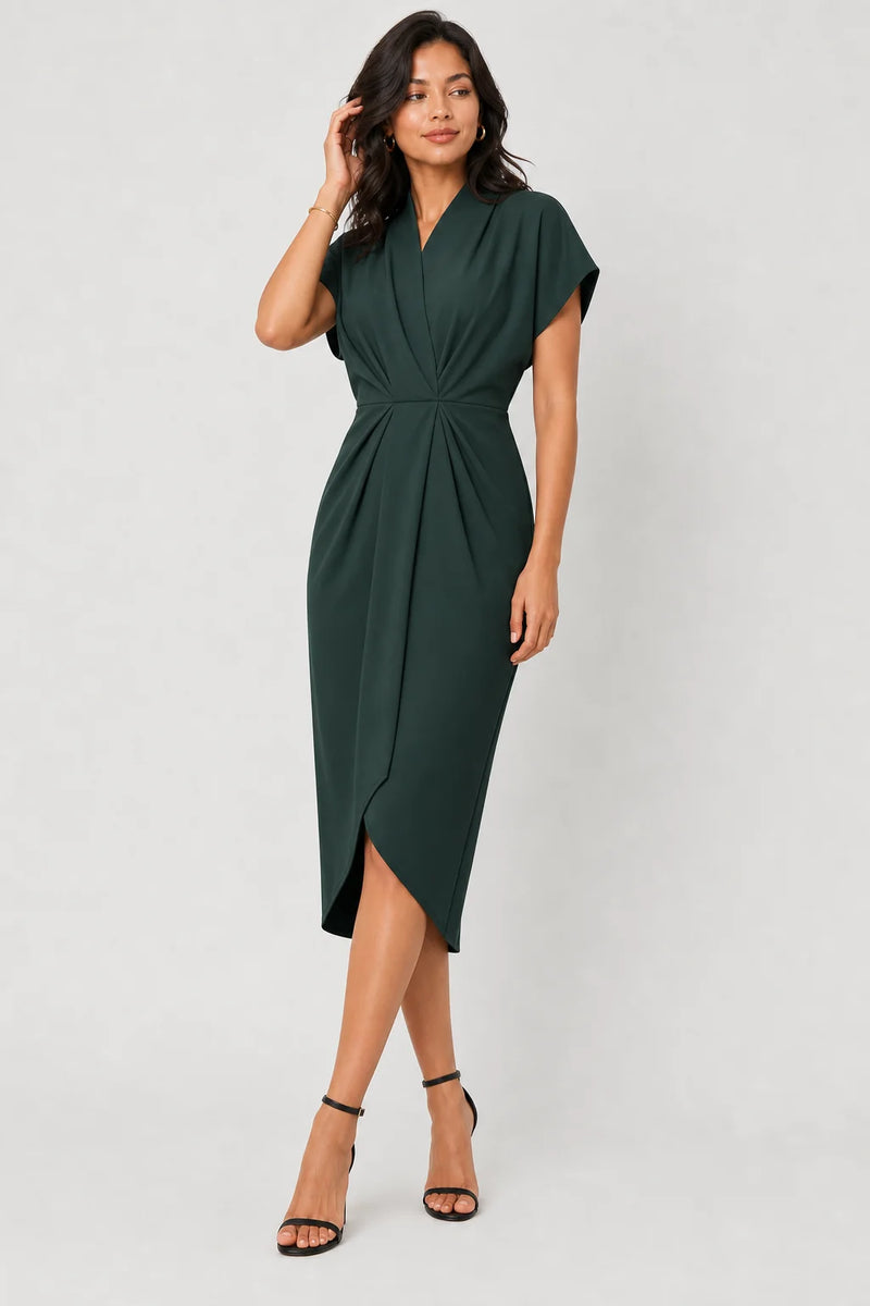 Sofaine Victoria wrap midi dress with V-neck in Dark Green, worn front