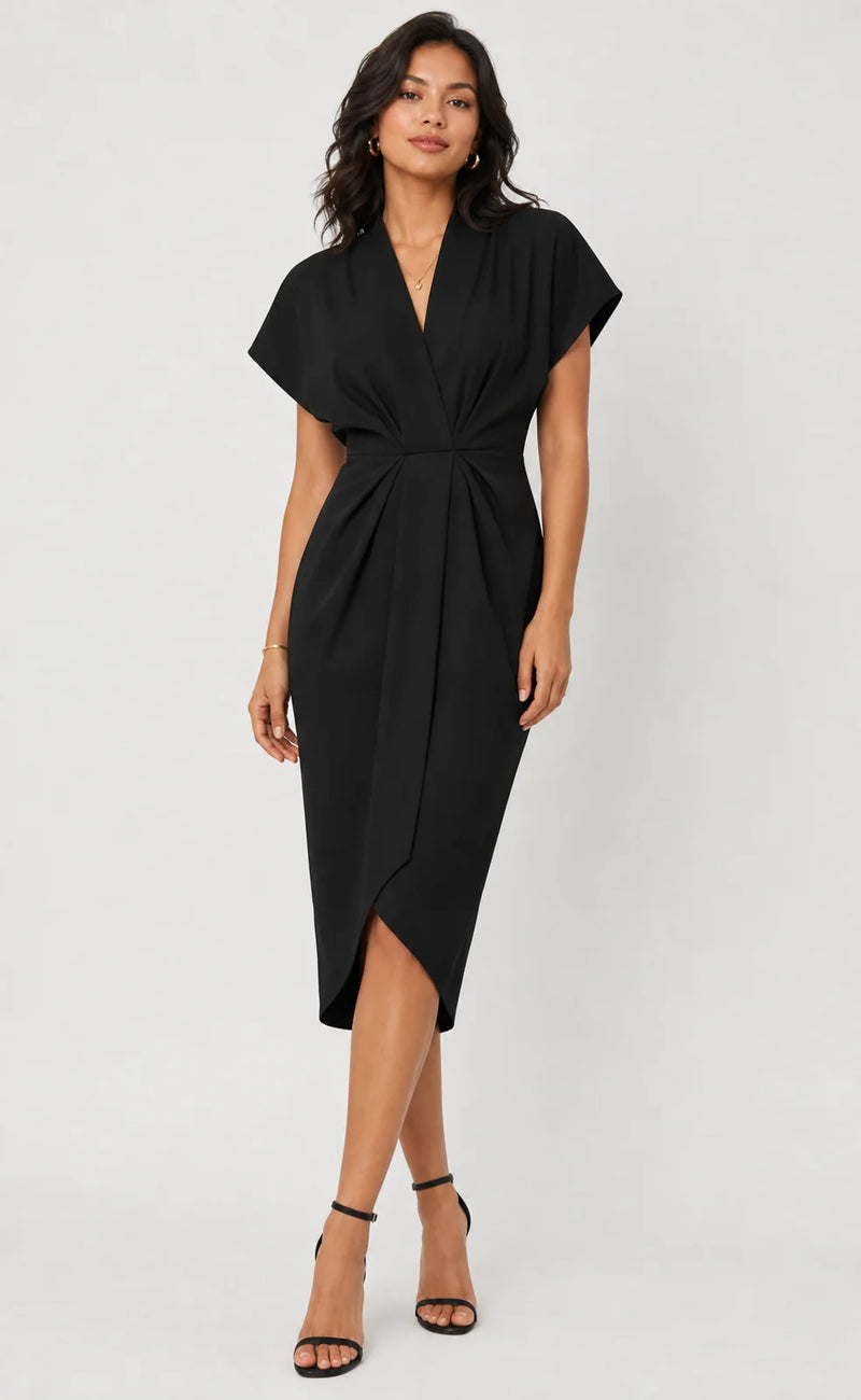 Sofaine Victoria wrap midi dress with V-neck in Black, front hero worn