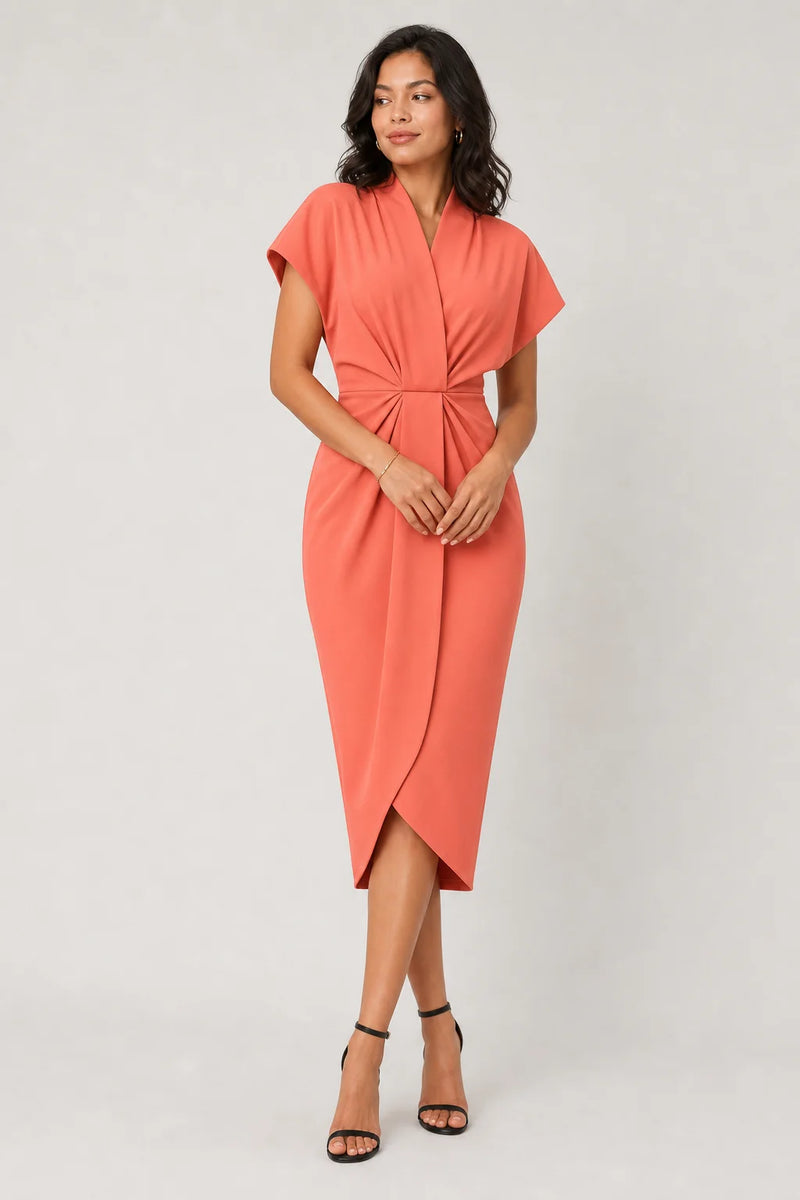 Sofaine Victoria wrap midi dress with V-neck in Coral, worn front