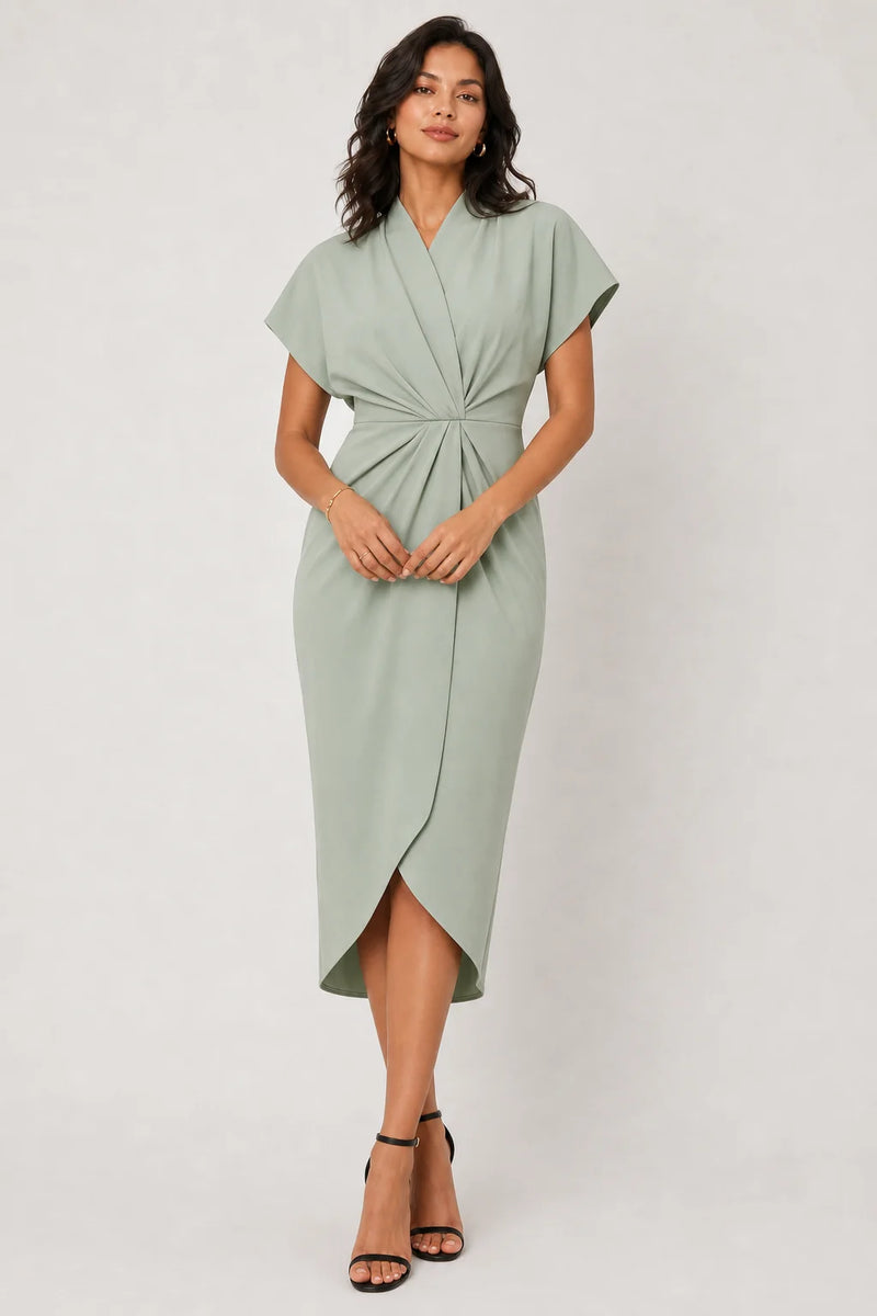 Sofaine Victoria wrap midi dress with V-neck in Light Green, worn front