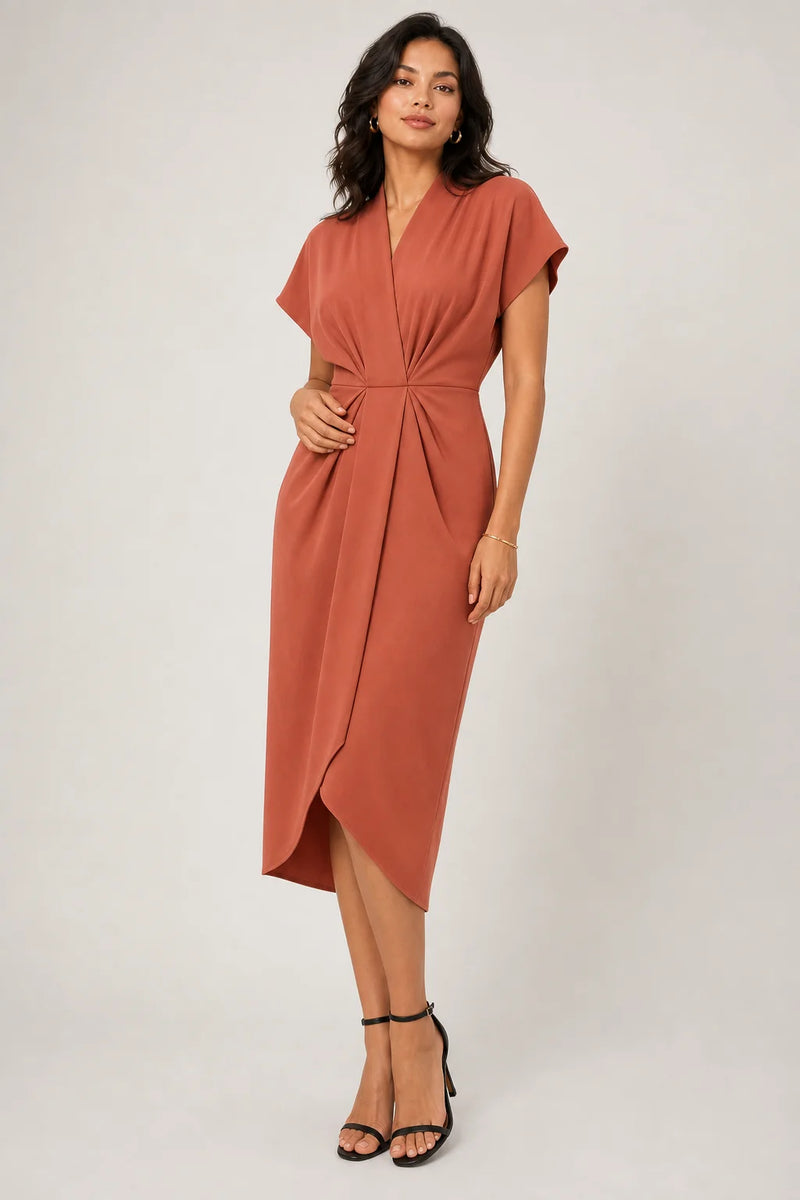 Sofaine Victoria wrap midi dress with V-neck in Rust, worn front