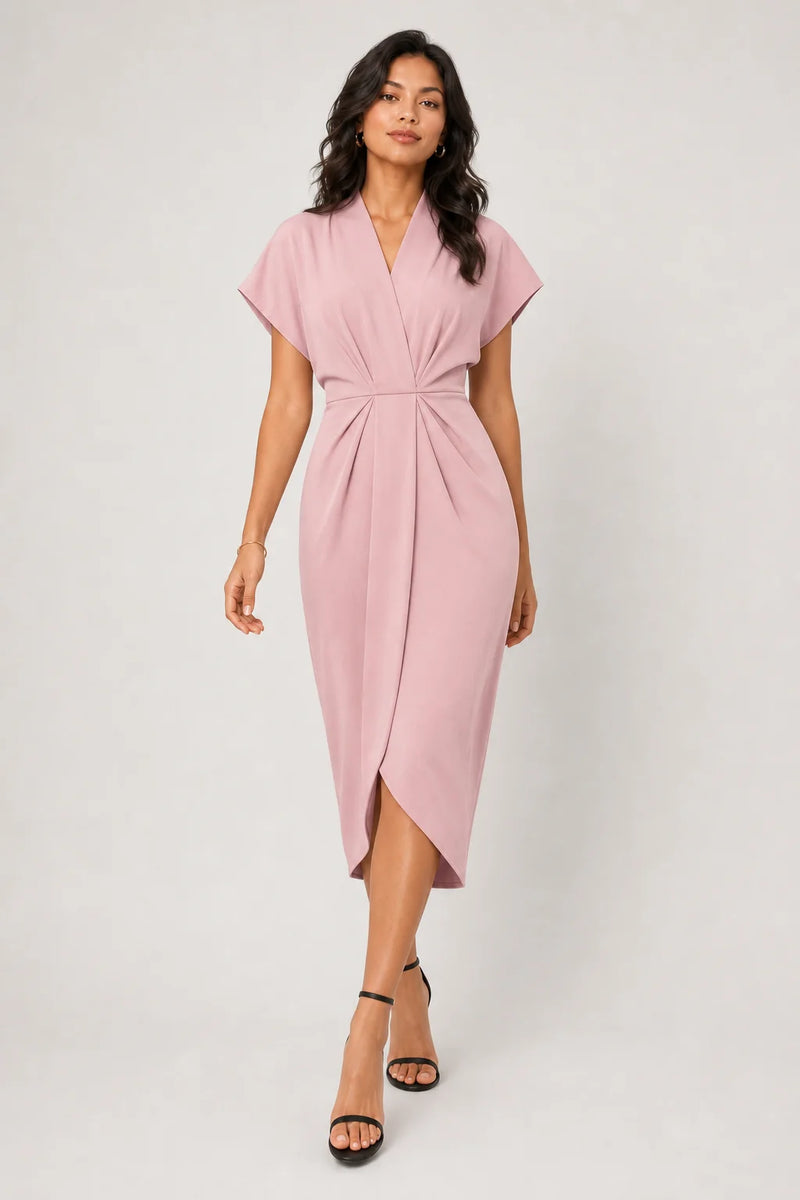 Sofaine Victoria wrap midi dress with V-neck in Pink, worn front