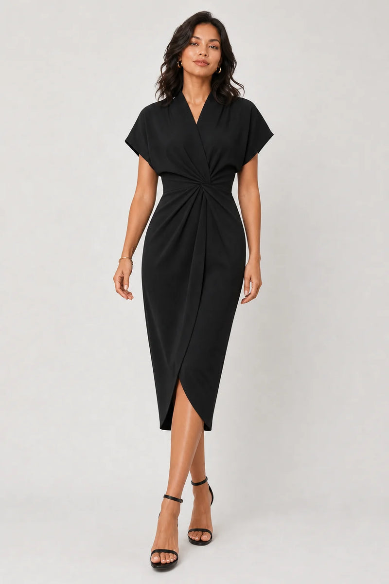 Sofaine Victoria wrap midi dress with V-neck in Black, styled full-length walk