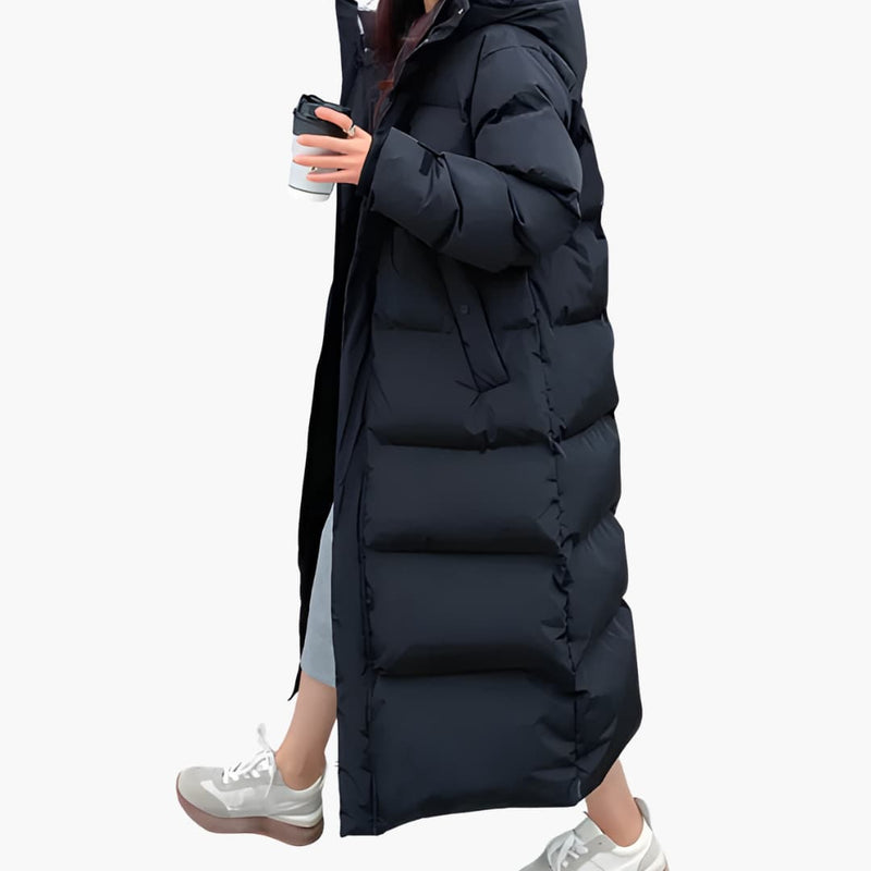 Maxi Puffer Coat for Women with Hood, Covered Zip and Snap Pockets in Black, side view
