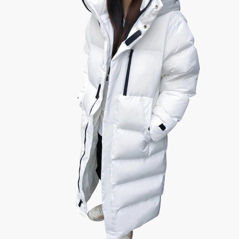 Maxi Puffer Coat for Women with Hood, Covered Zip and Snap Pockets in White, front view