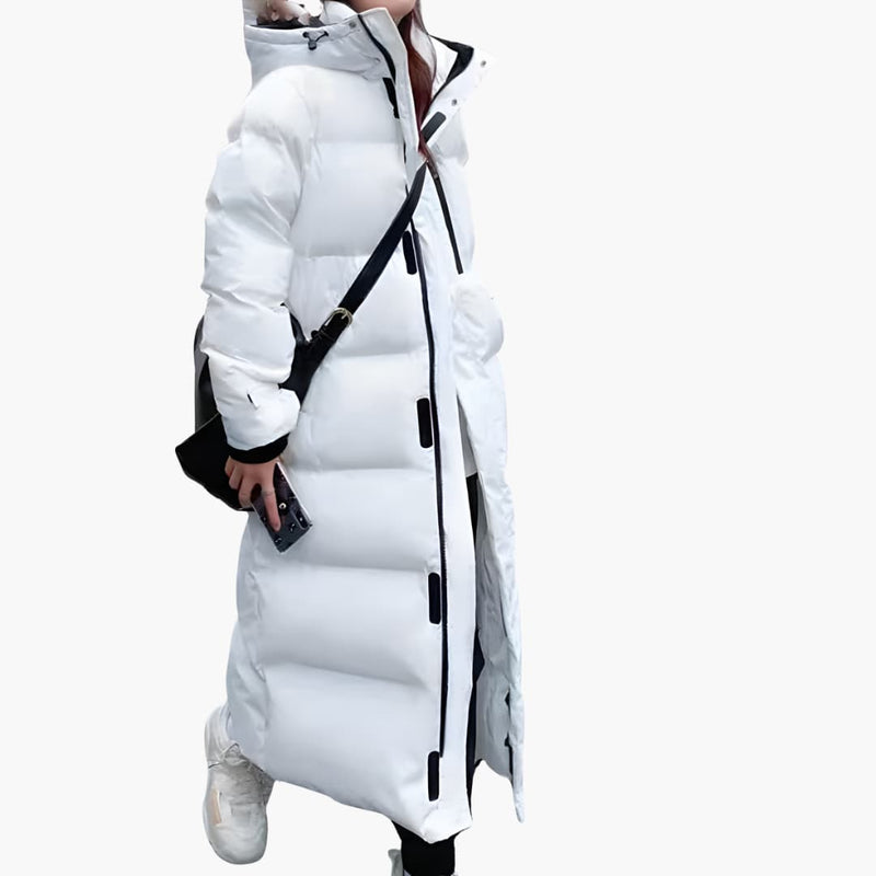 Maxi Puffer Coat for Women with Hood, Covered Zip and Snap Pockets in White, side view