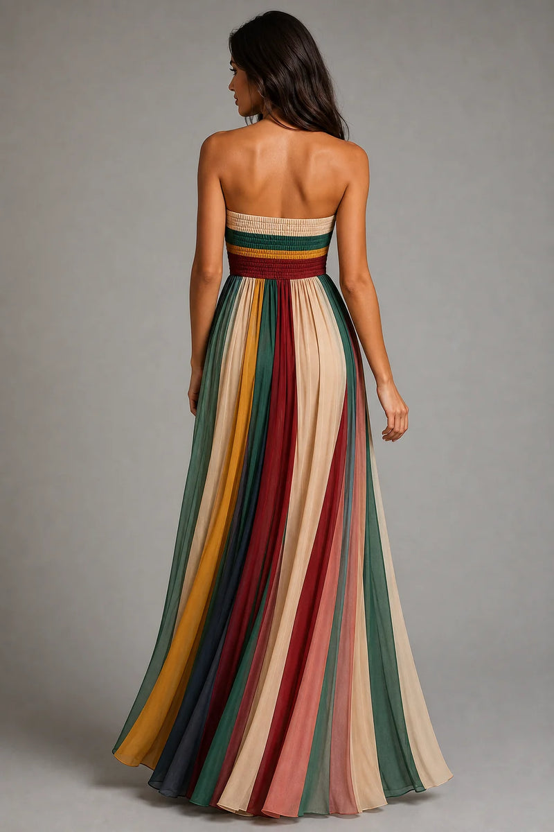 Sofaine Paisley women's strapless pleated maxi dress in Multicolor, worn back view
