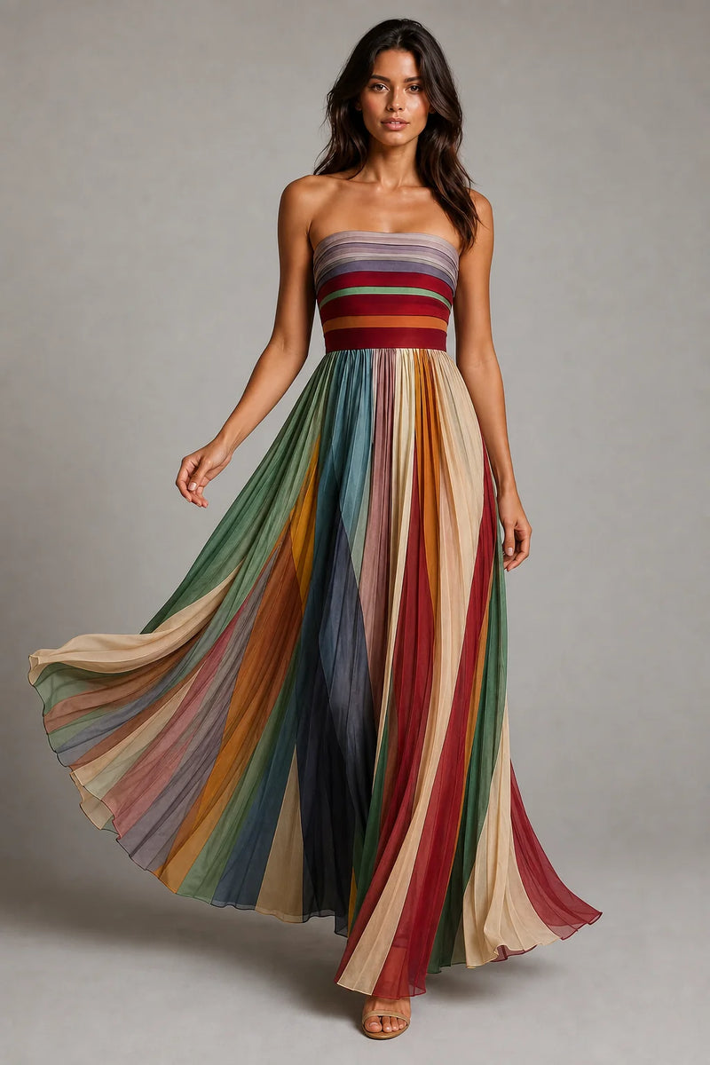 Sofaine Paisley women's strapless pleated maxi dress in Multicolor, styled full-length look