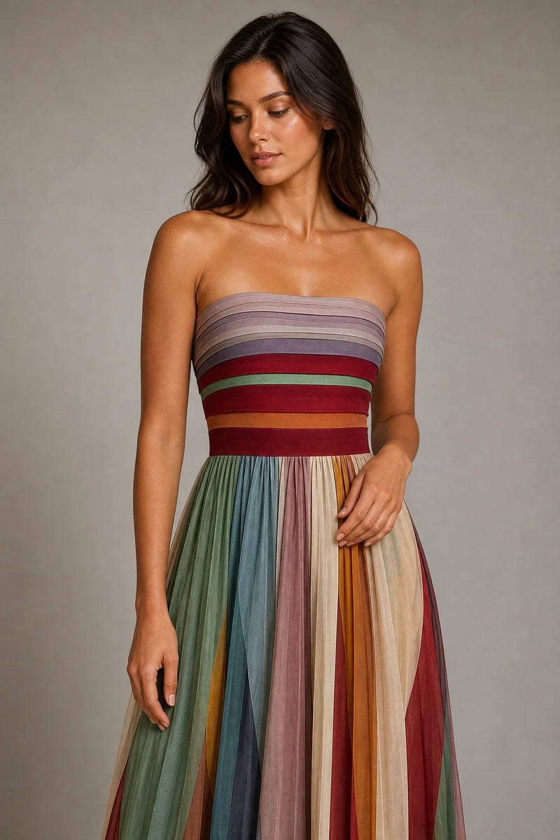 Sofaine Paisley women's strapless pleated maxi dress in Multicolor, bandeau stripe and pleated-skirt detail