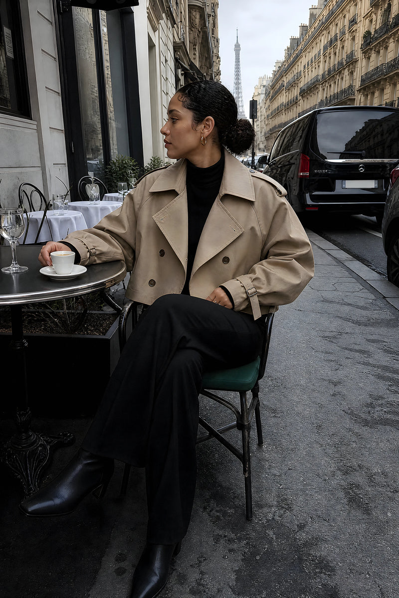 SOFAINE-V7-LIFE-Paloma | Oversized Trench Coat in Camel, café scene