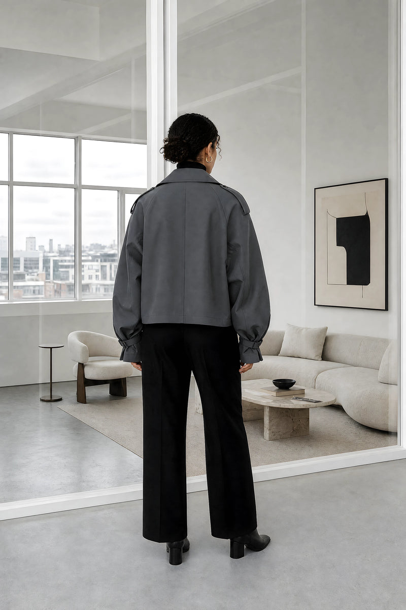 Paloma | Oversized Trench Coat in Dark Grey, studio back view