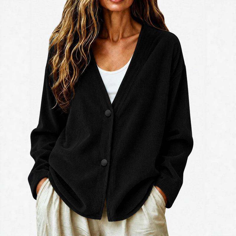 Ribbed V Neck Cardigan for Women with Button Front and Dropped Shoulders in Black, front view