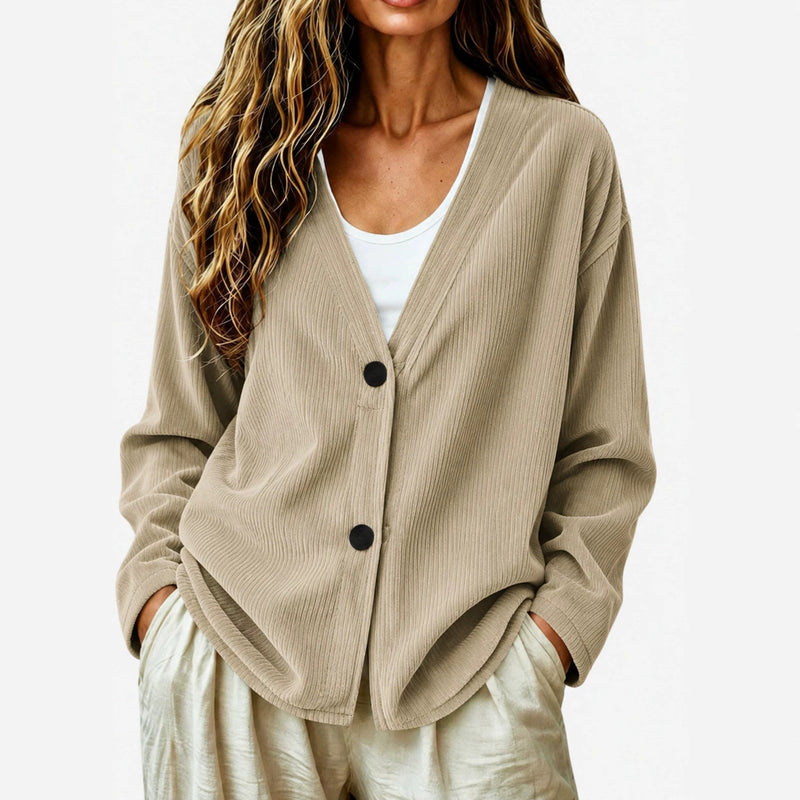 Ribbed V Neck Cardigan for Women with Button Front and Dropped Shoulders in Khaki, front view