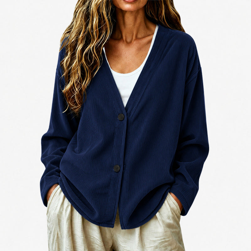 Ribbed V Neck Cardigan for Women with Button Front and Dropped Shoulders in Navy Blue, front view