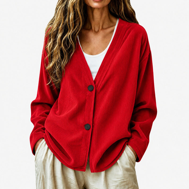 Ribbed V Neck Cardigan for Women with Button Front and Dropped Shoulders in Red, front view