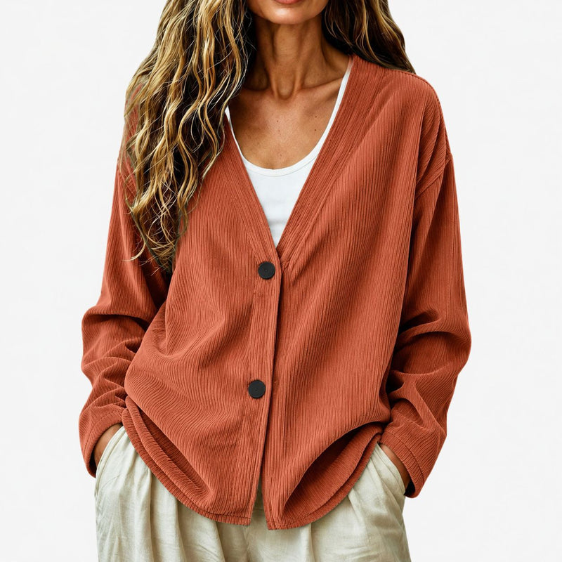 Ribbed V Neck Cardigan for Women with Button Front and Dropped Shoulders in Rust, front view
