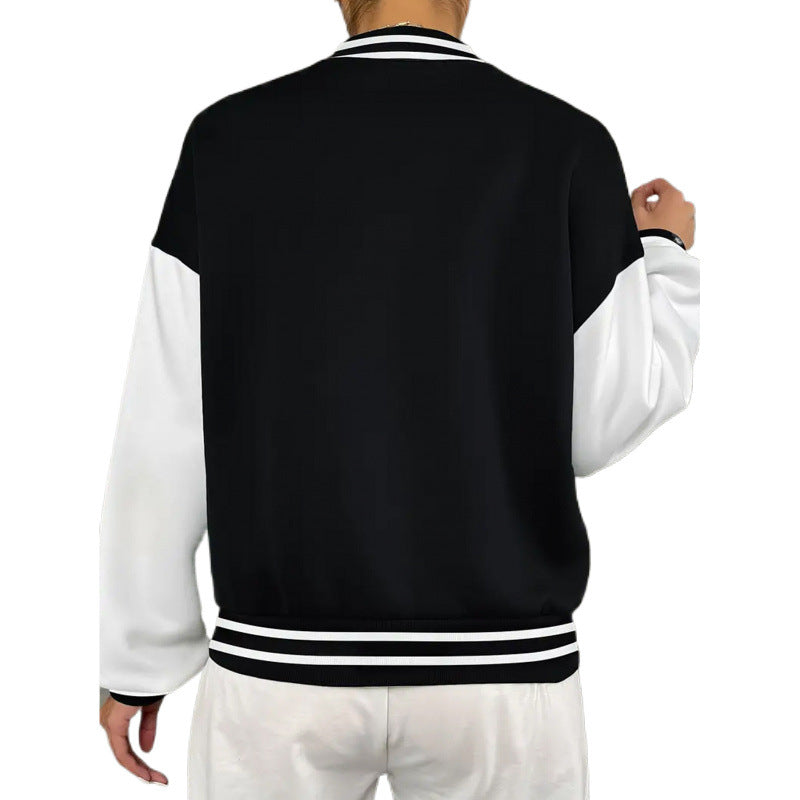 Varsity Bomber Jacket for Women with Letter Patch and Snap Front in Black, back view