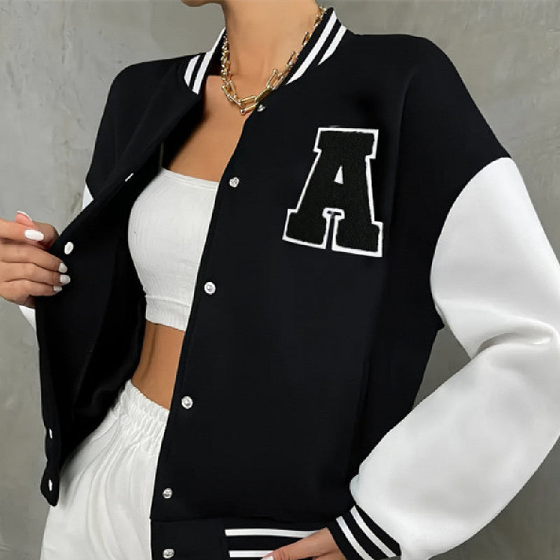 Varsity Bomber Jacket for Women with Letter Patch and Snap Front in Black, close-up