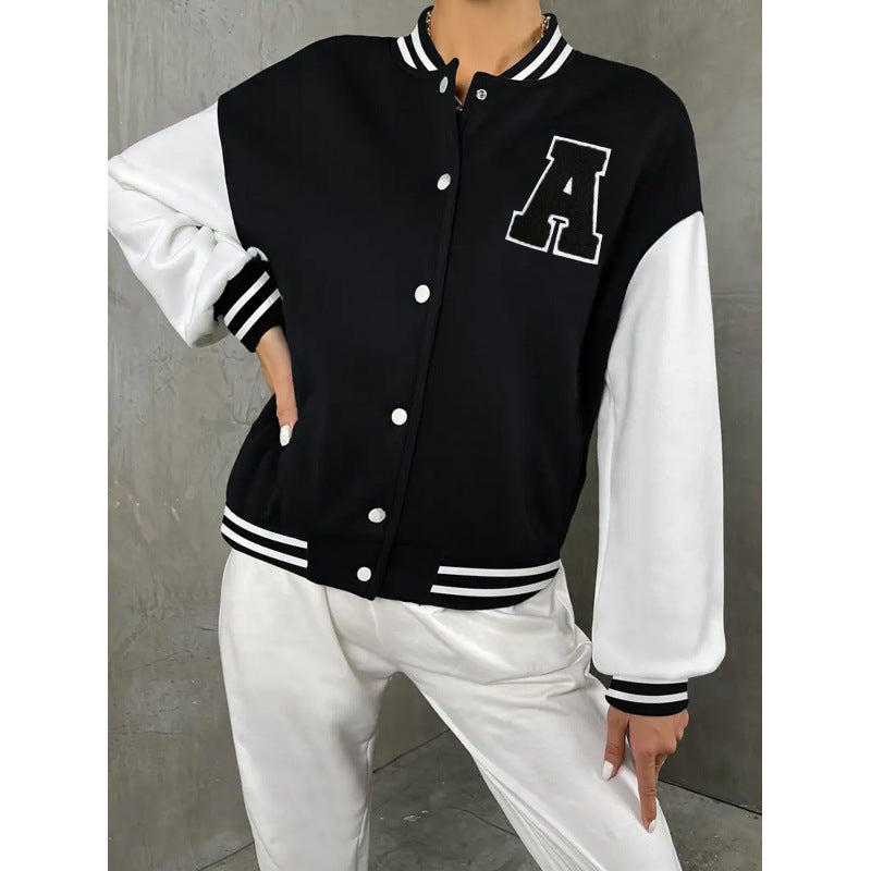 Varsity Bomber Jacket for Women with Letter Patch and Snap Front in Black, front view