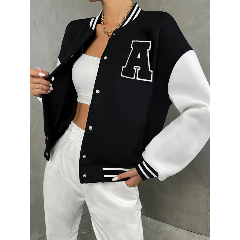 Varsity Bomber Jacket for Women with Letter Patch and Snap Front in Black, open front view 2