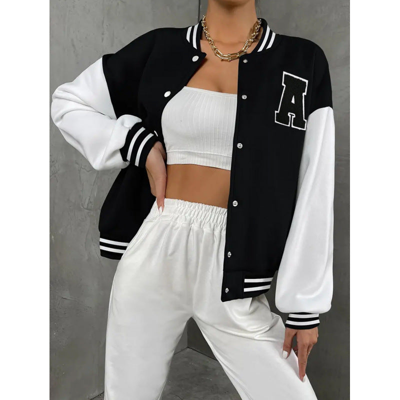 Varsity Bomber Jacket for Women with Letter Patch and Snap Front in Black, styled front view