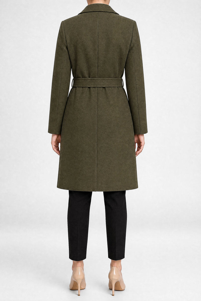 Sofaine Paulina women's overcoat in Army Green, back view studio shot