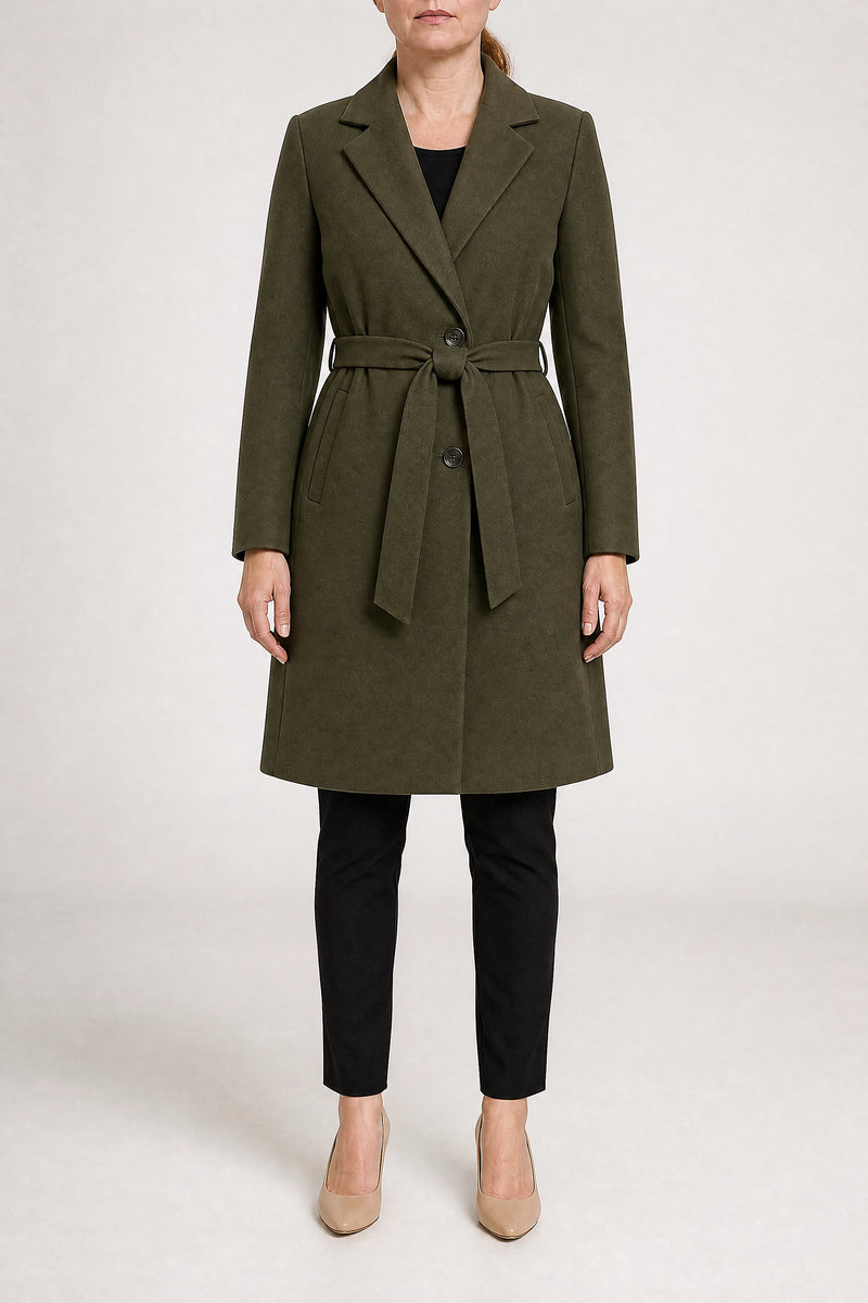 Sofaine Paulina women's overcoat in Army Green, front view studio shot