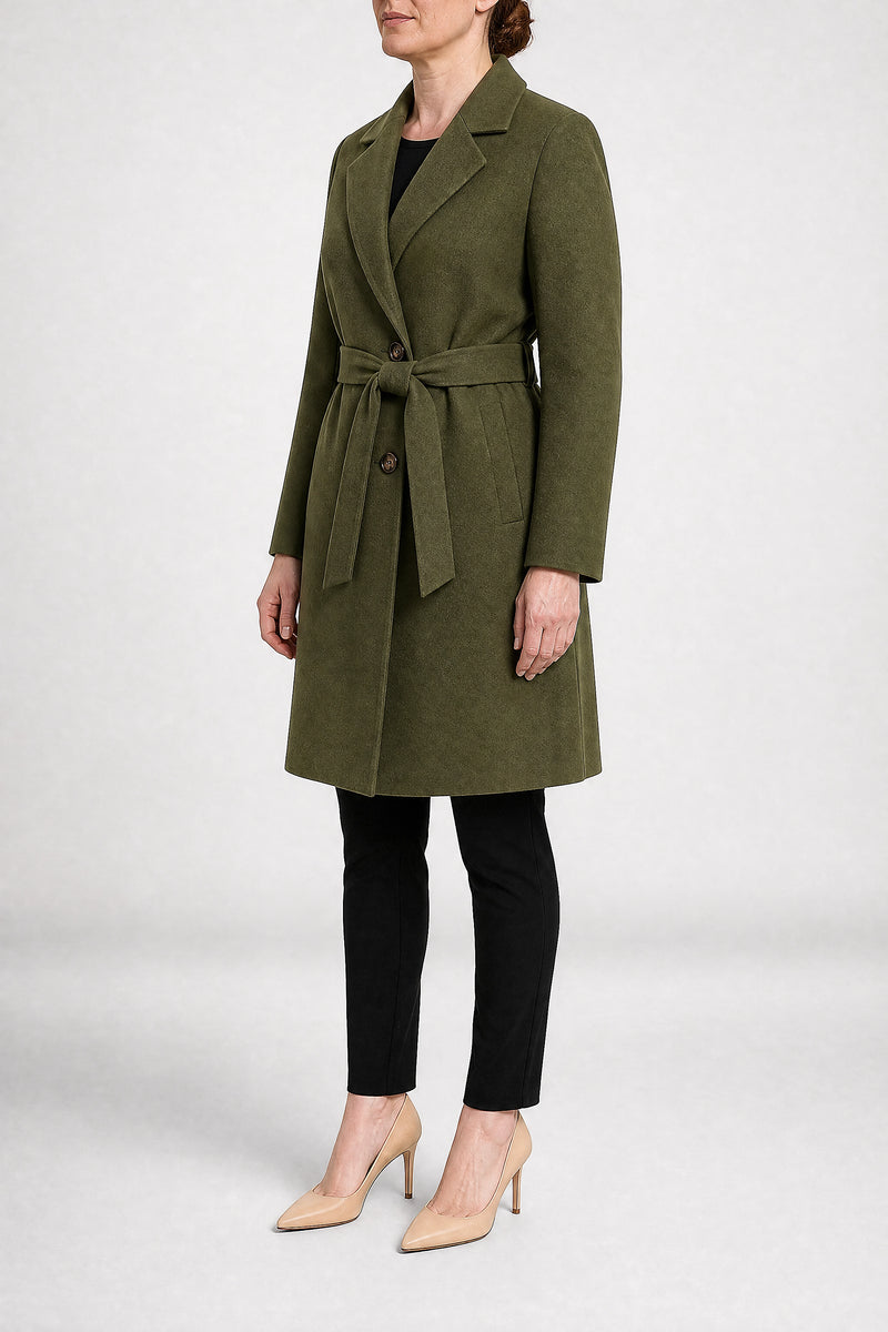 Sofaine Paulina women's overcoat in Army Green, side view studio shot