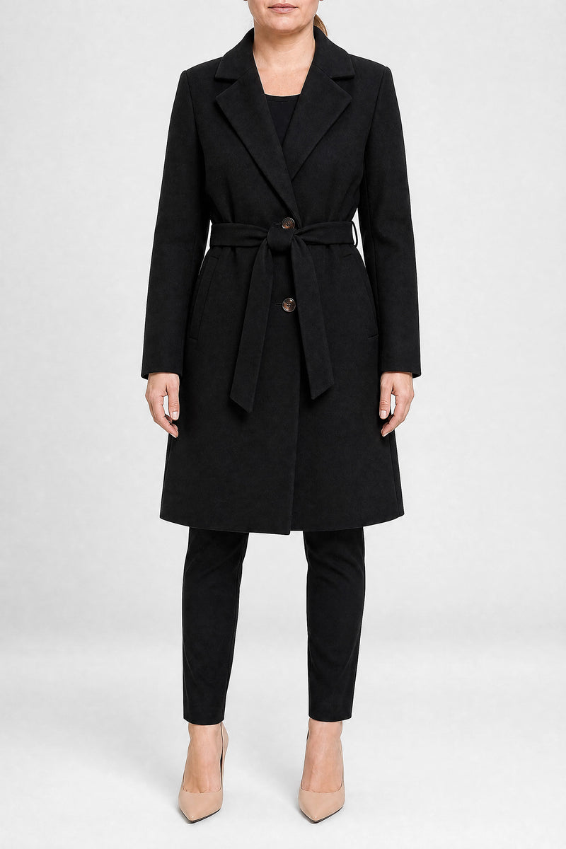 Sofaine Paulina women's overcoat in Black, front view studio shot