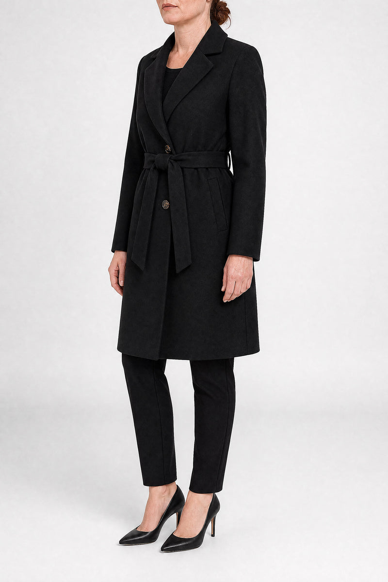 Sofaine Paulina women's overcoat in Black, side view studio shot