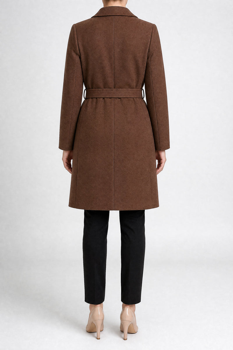 Sofaine Paulina women's overcoat in Brown, back view studio shot