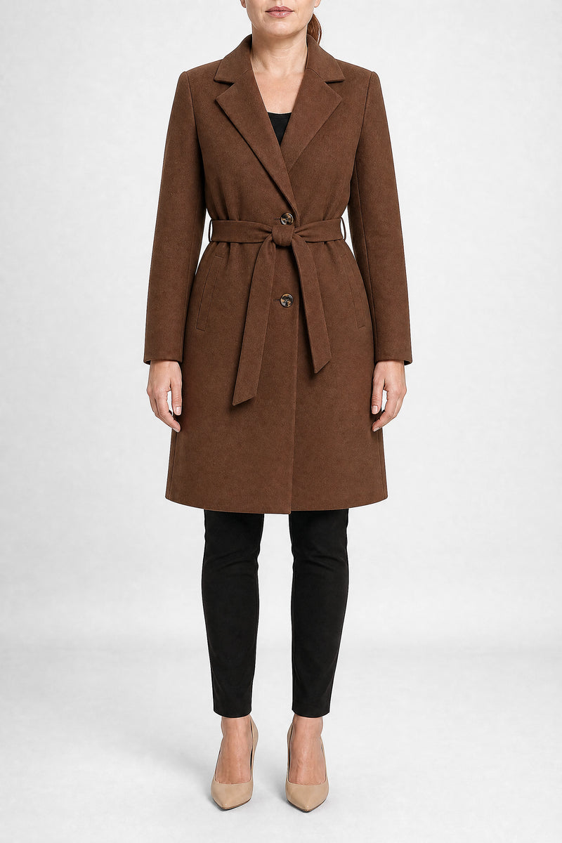 Sofaine Paulina women's overcoat in Brown, front view studio shot