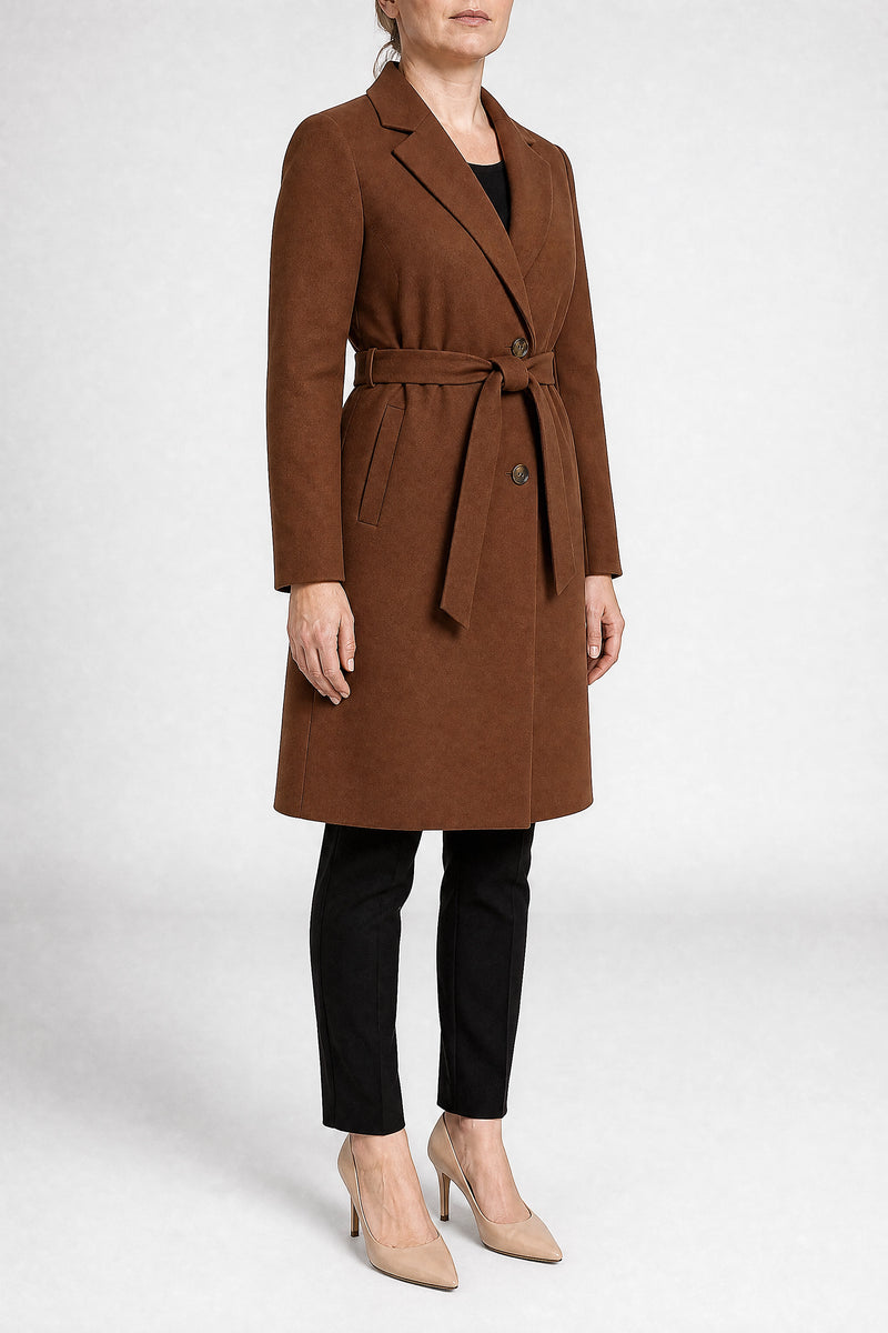 Sofaine Paulina women's overcoat in Brown, side view studio shot